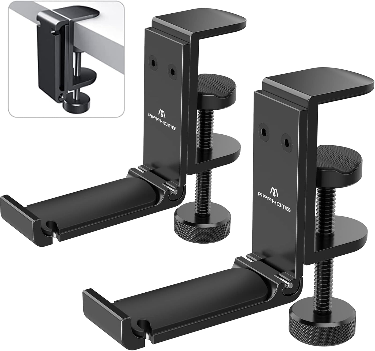 APPHOME Upgraded Foldable Headphone Stand Under Desk PC Gaming Headset Hanger Holder Hook Clamp with Built in Cable Clip Organizer Space Save Mount Fold Upward Not in Use, Universal Fit, Black (2 Pieces Pack)
